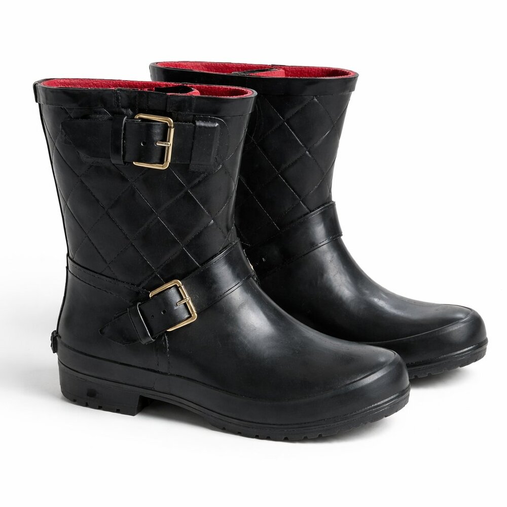 Sperry Black/Red Buckle, Short, Rubber, Rain Boots- 9